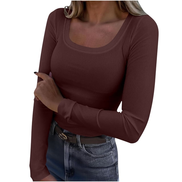 Npasoilc Hauts pour Femmes Manches Longues Couleur Unie Col Rond Décontracté