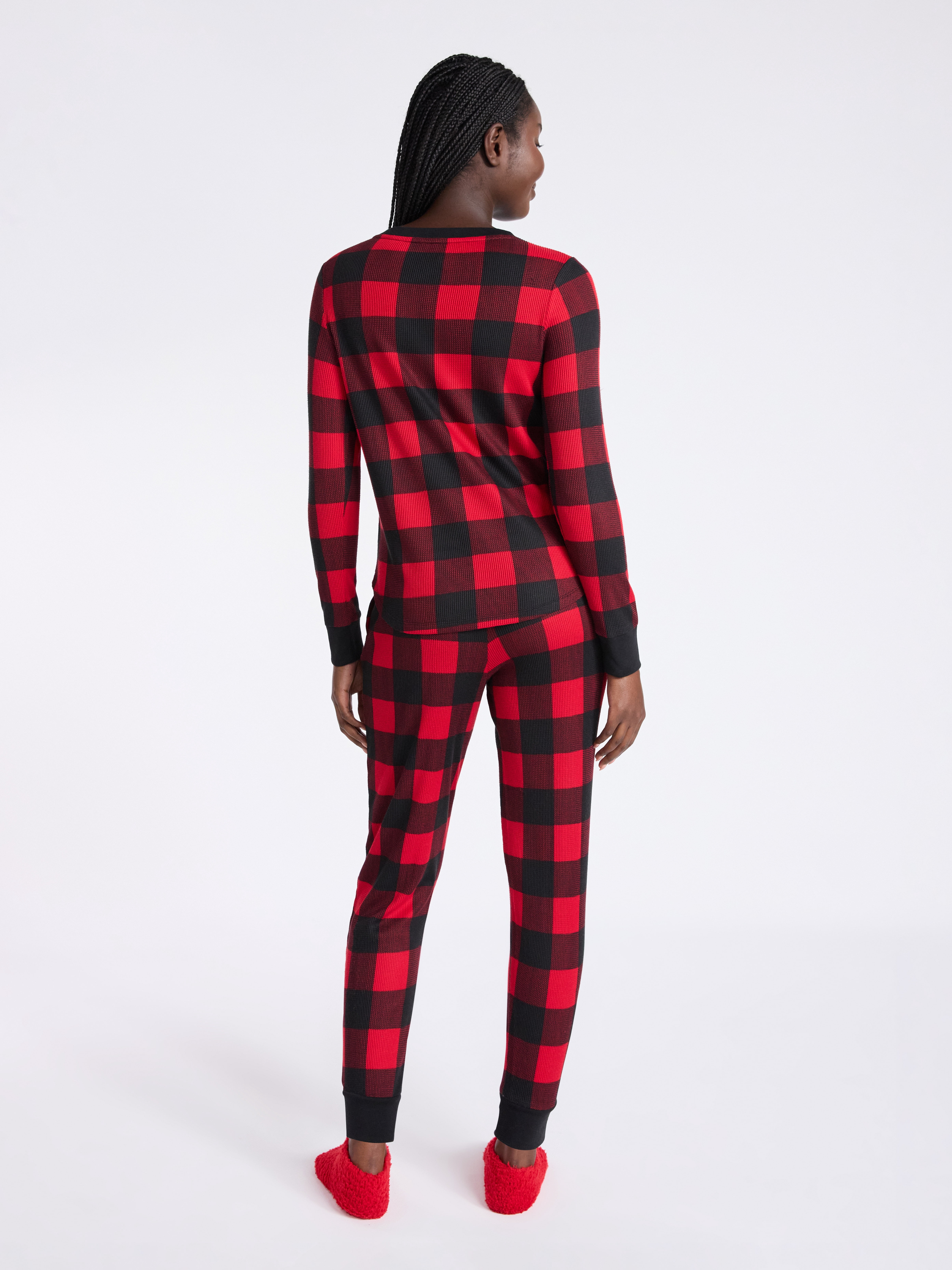Joyspun Women's Waffle Long Sleeve Henley Sleep Top, Jogger, and Socks Pajama Set, 3-Piece, Sizes XS to 3X