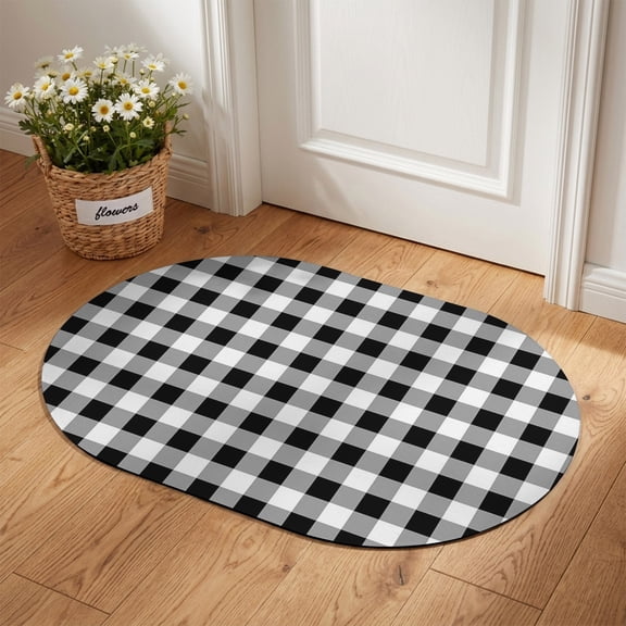 Oval Door Mat 20"x31.5", Farmhouse Checkered Absorbent Non Slip Front Door Mat, Black White Buffalo Plaid Diatomaceous Entryway Rug for Indoor Patio Living Room Kitchen Door Entrance