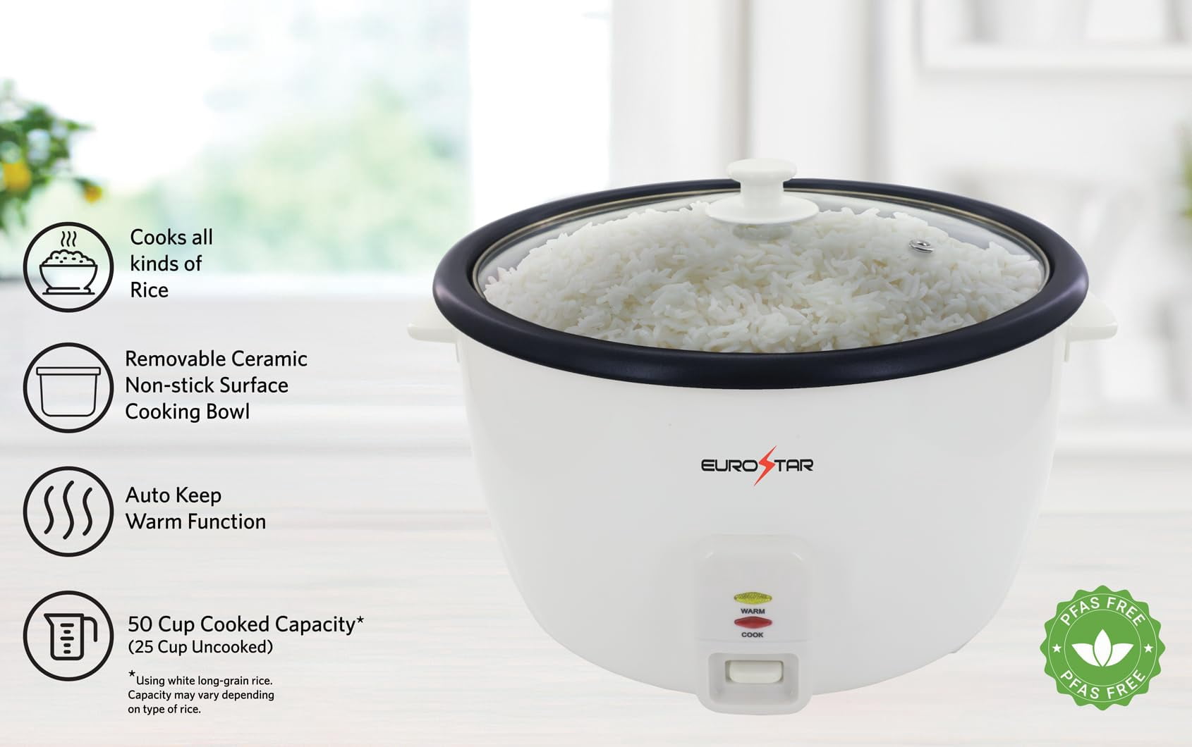 EUROSTAR 50-Cup Rice Cooker, White