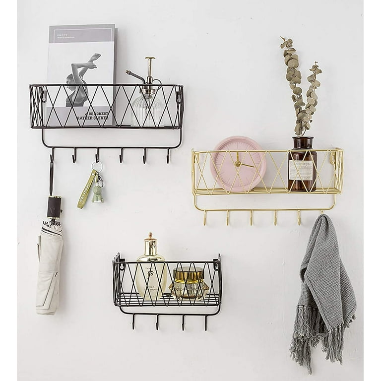 Wall Shelf Floating Shelf with Metal Grid, Wall Shelf with Hooks, Towel  Rail, Wall Wardrobe Floating Home Decor
