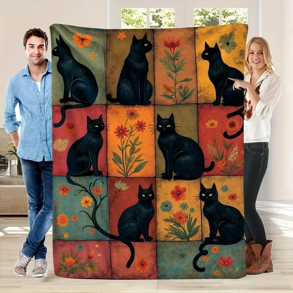 1pc Vintage Black Cat Print Flannel Blanket - Soft Polyester with Patchwork Cat & Floral Design, 280gsm All-Season Cozy Throw, Machine Washable Sofa Bed Blanket for Cat Lovers, Contemporary Style Hom