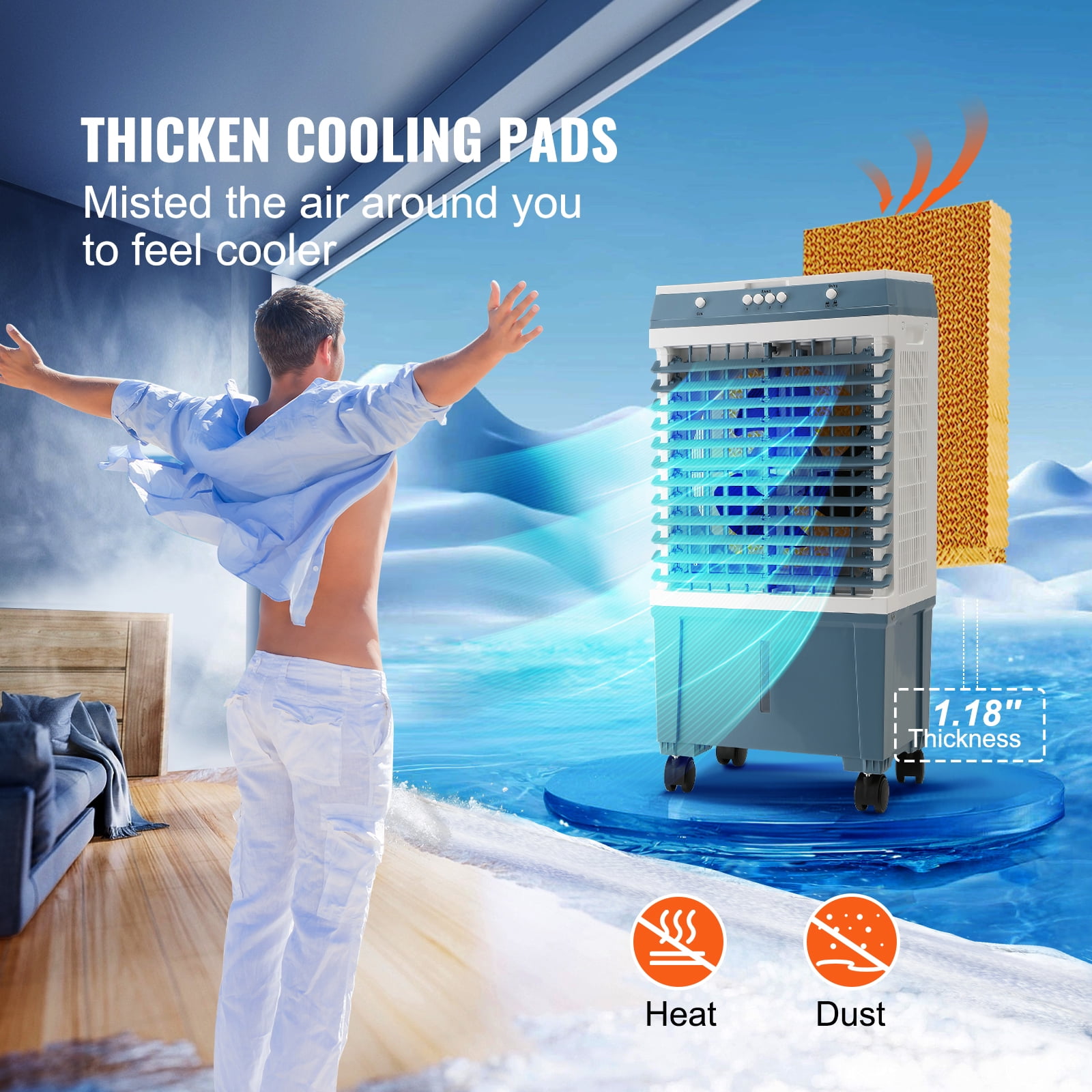 KFFKFF Air Cooling Unit, 1400 CFM Evaporative Cooler, 84° Oscillation, 5 Gal Capacity, Suitable for 550 Sq.ft Area, 3 Speed Control, Indoor and Outdoor Compatible, FCC Certified