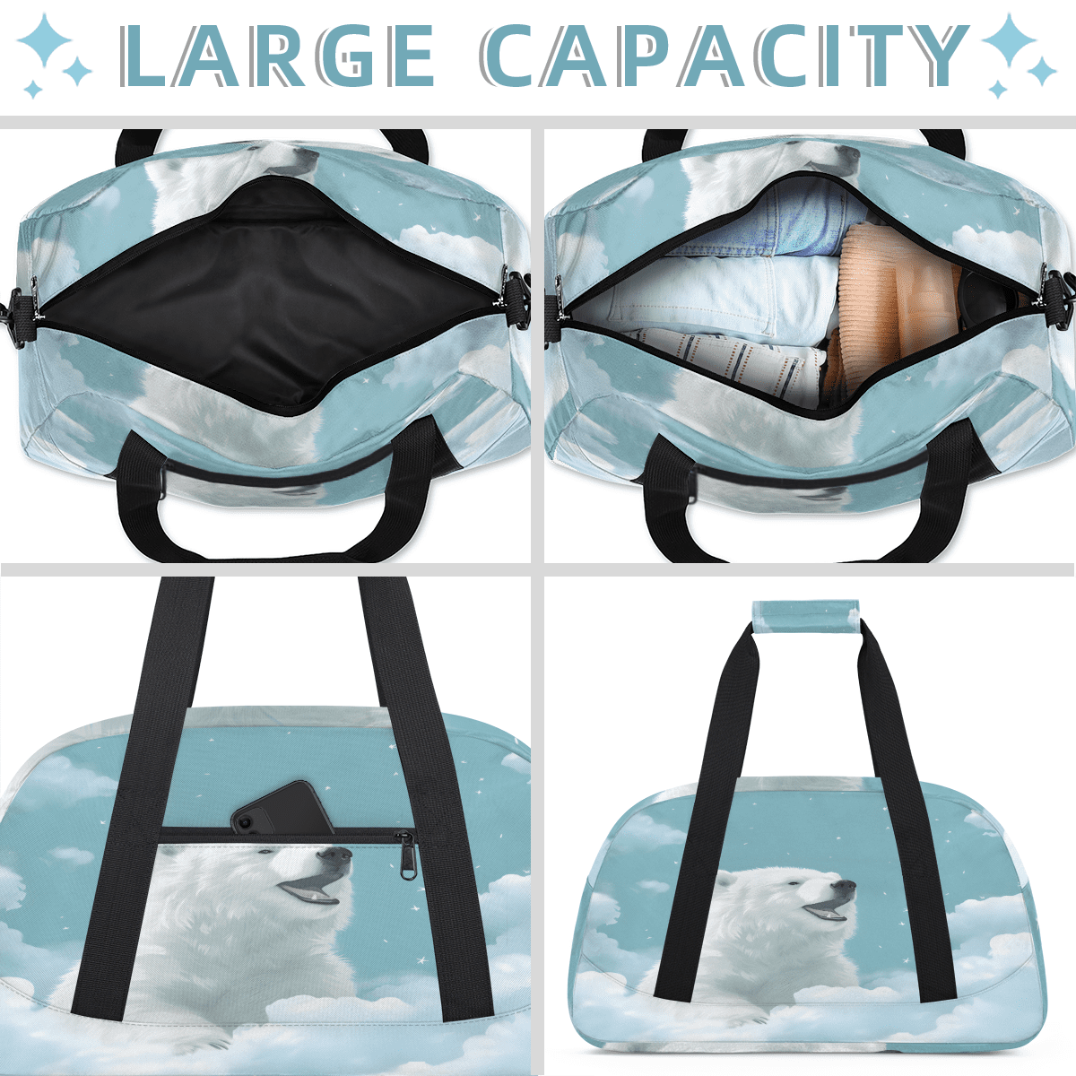 Herdesigns White Bear Sports Duffle Bag for Women & Men, Bear Gym Bag Dance Bag Overnight Bag Carry On Weekender Travel Bag
