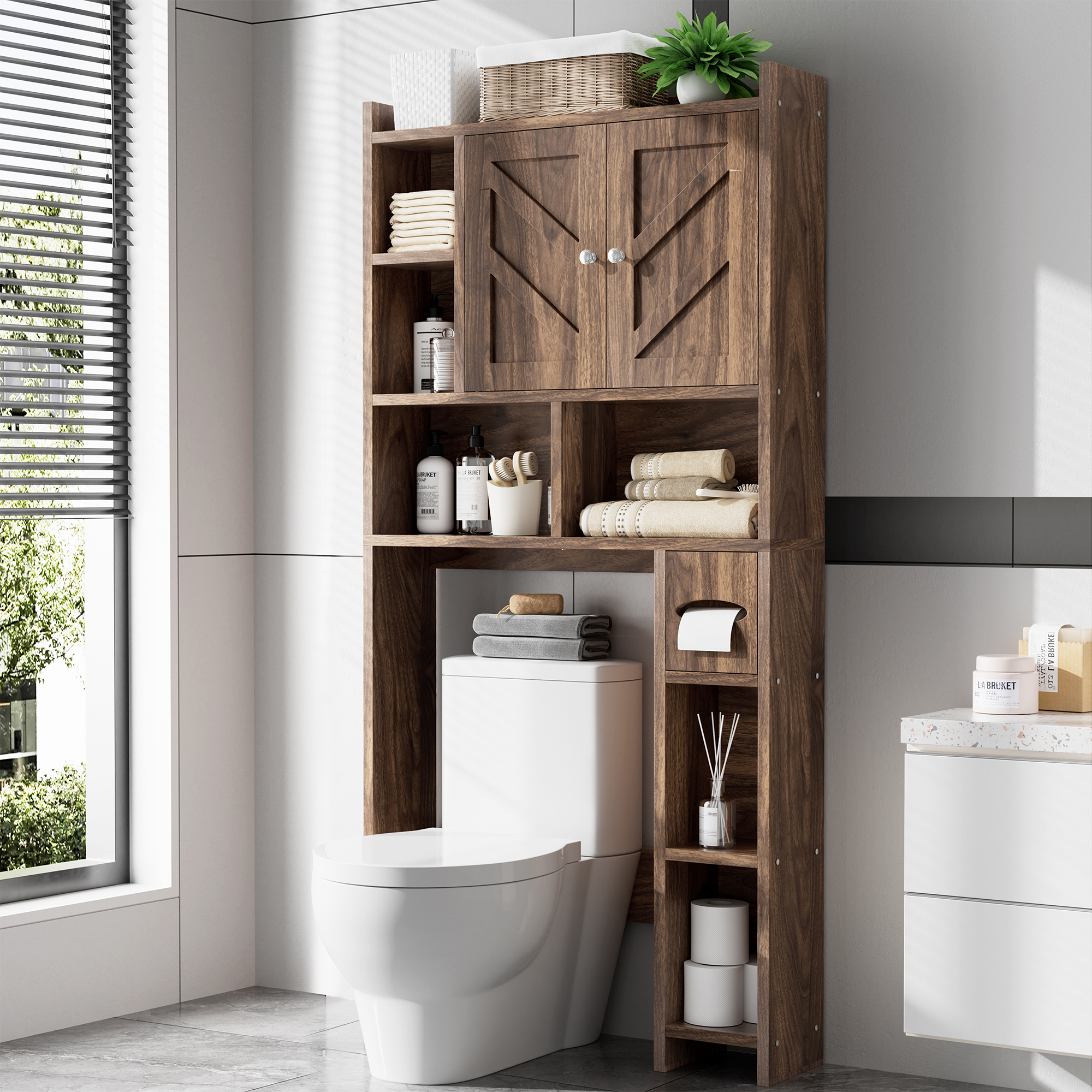 Walsunny Over the Toilet Storage Cabinets with Doors Side Shelves Toilet Paper Holder Stand Organizer Shelf Rack Space Saver above behind Toilet Freestanding for Bathroom Restroom Laundry Walnut