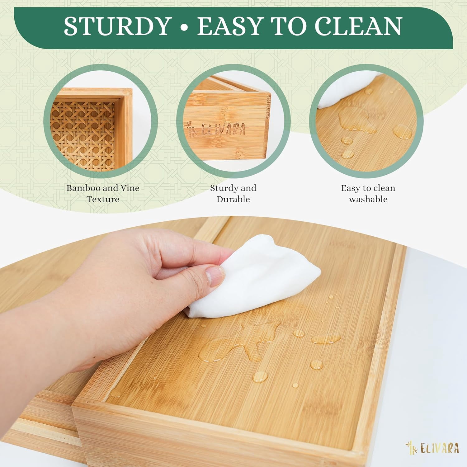 Bamboo & Rattan Expandable Drawer Organizer – Rustic Wood Utensil Holder, Cutlery Tray for Kitchen & Office – Adjustable Width 13" to 22", Size 13"x18"x2.6"