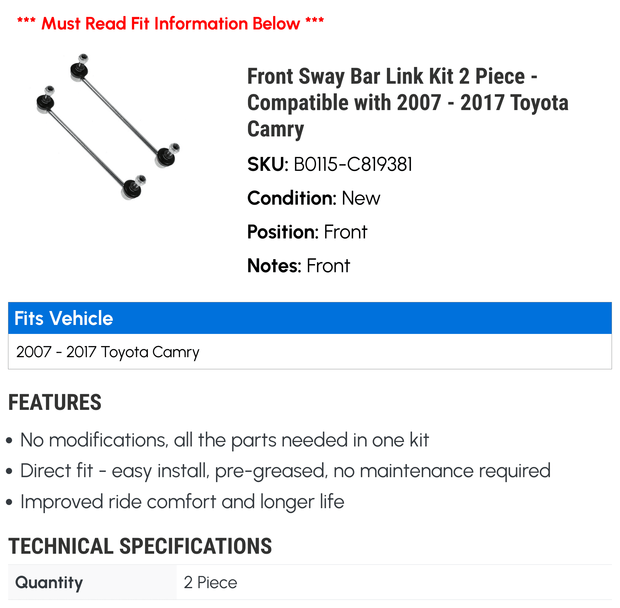 Front Sway Bar Link Kit 2 Piece - Compatible with 2007 - 2017 Toyota Camry 2008 2009 2010 2011 2012 2013 2014 2015 2016