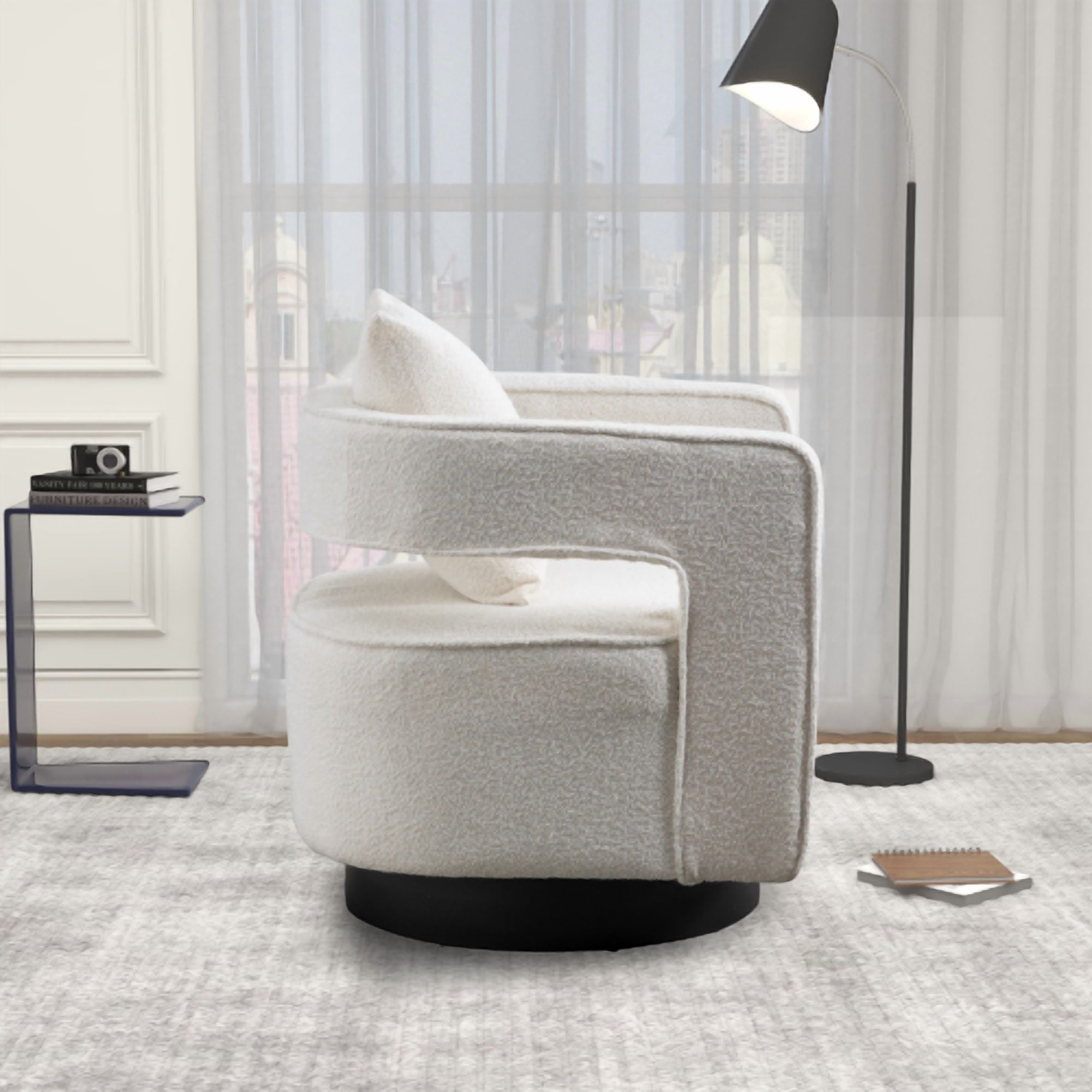 Leumius Swivel Accent Chair with Open Back,Modern Single Sofa Chair With Weathered Base for Nursery Bedroom Living Room Hotel Office, Club Chair Leisure Arm Chair for Lounge,Ivory Boucle