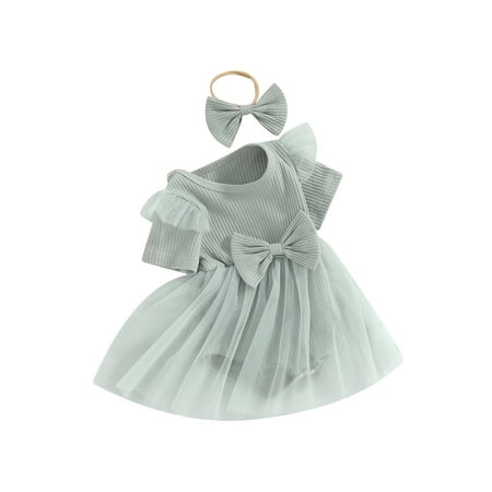 

Baby Girl Summer Set Short Sleeve Ribbed Romper Dress + Bow Headband