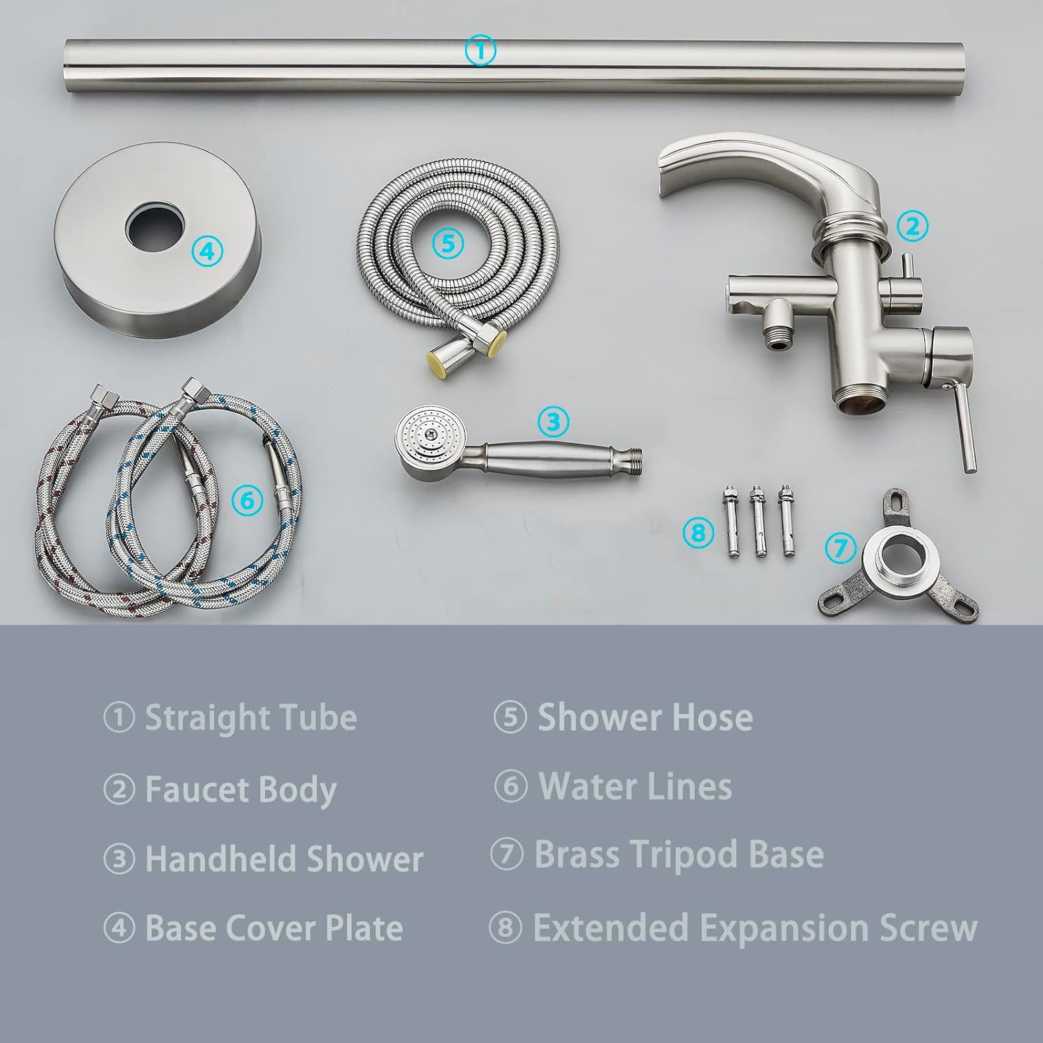 Zovajonia Brushed Nickel Bathroom Single Handle Freestanding Bathtub Faucet Floor Mounted Waterfall Tub Filler with Hand Shower Set