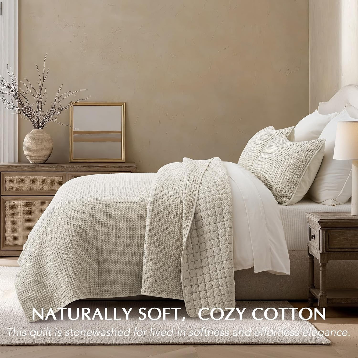 EVERGRACE Stonewashed 100% Natural Cotton Waffle Quilt Set King Size 3 Pieces, Soft, Breathable & Substantial Bedding, Quilted Coverlet Bedspread with 2 Shams for All Seasons, Natural