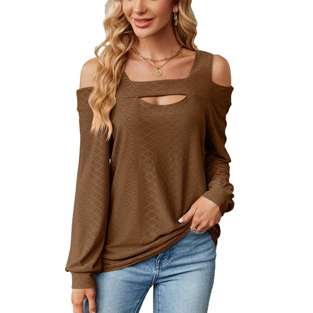 Top de manga larga con hombros descubiertos para mujer, blusa informal holgada de moda de Color liso con cuello hueco, camisa de Jacquard, color café XXL