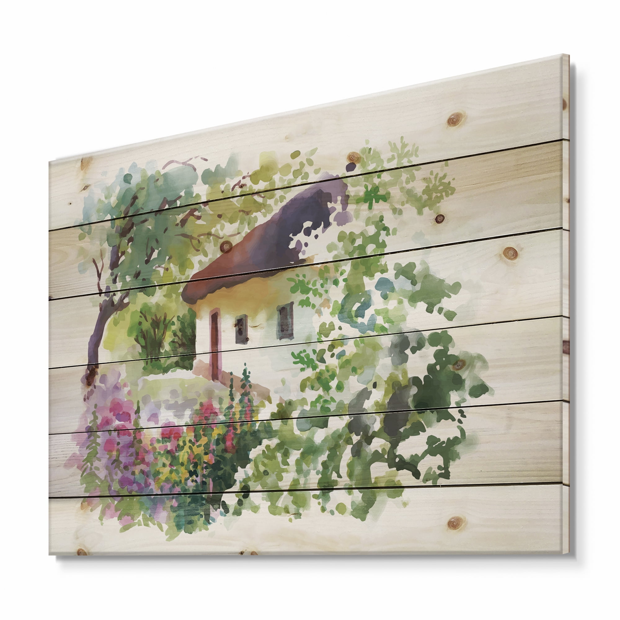 Designart 'Rural Village House On A Green Summer Day' Traditional Print on Natural Pine Wood