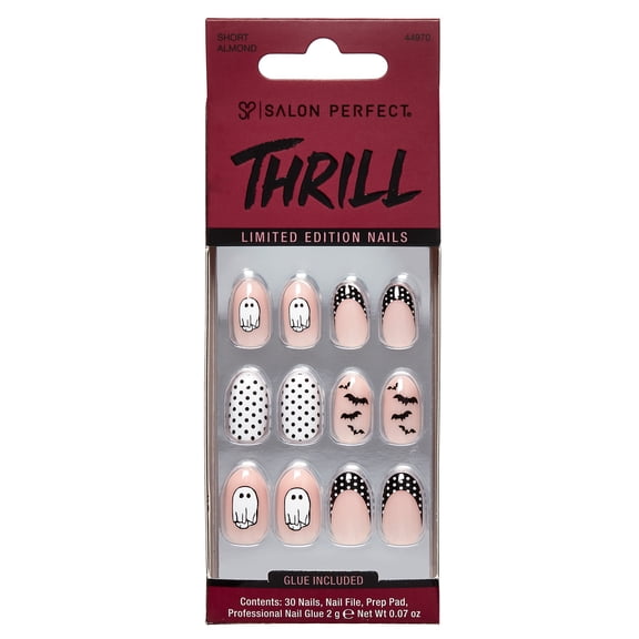Salon Perfect Halloween Thrill Short Almond Press-On Nails with Glue & File, Spotted Ghost, 30 Pieces