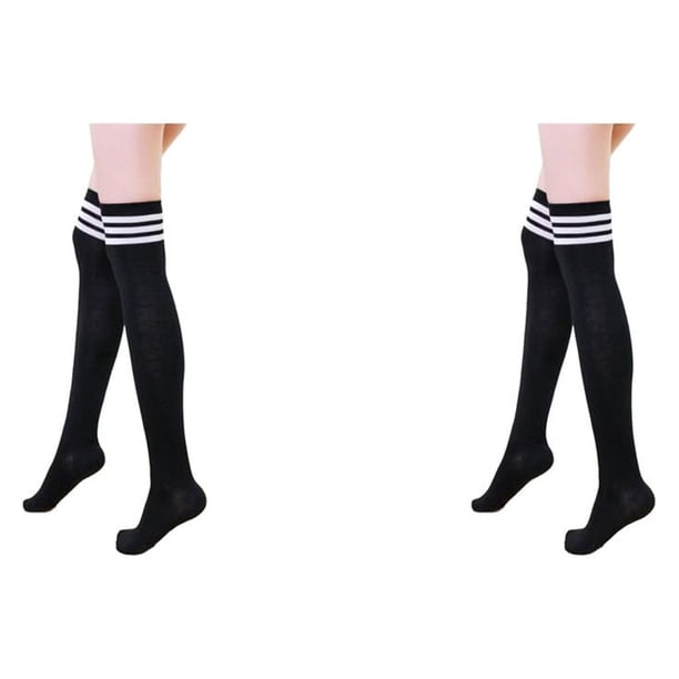 Minnieouse Calcetín largo Sexy sobre la rodilla medias estilo preppy japonés Lolita señoras niñas calentadores de piernas Leggings negro Raya blanca negra 2Conjunto