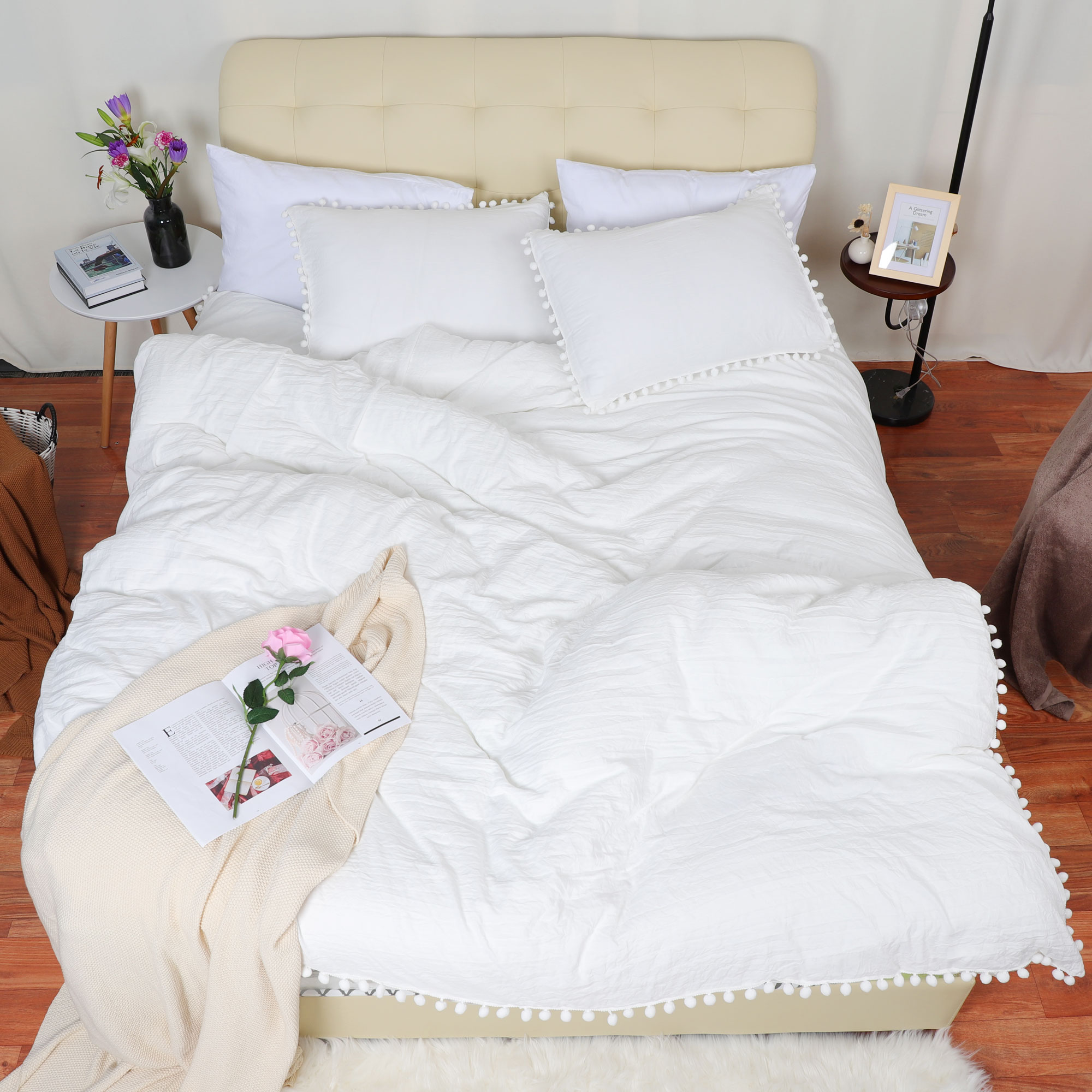 Polyester Pompon Duvet Quilt Cover Set Twin Queen King Size Bed Soft