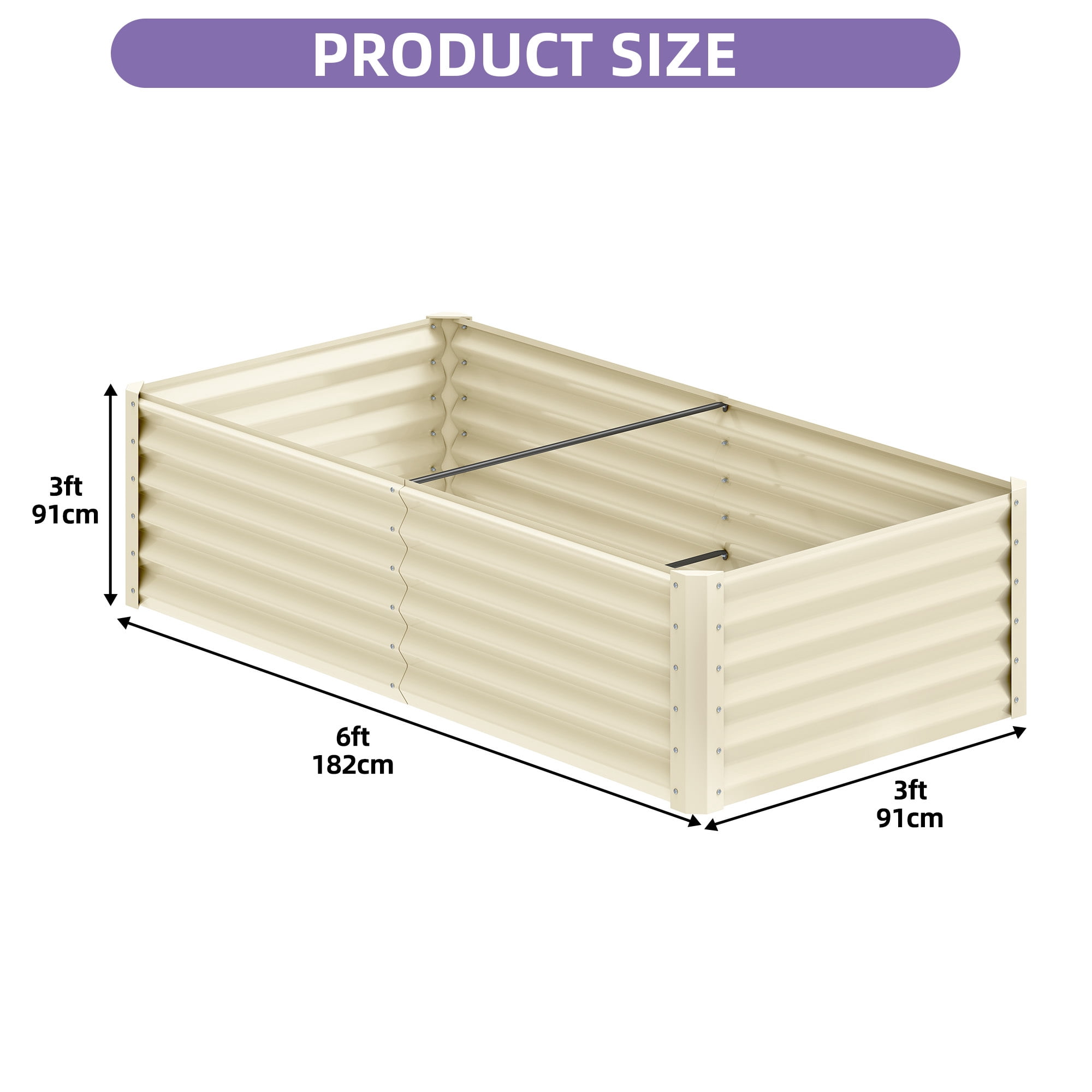Uforic 6x3x3 Ft 1 Piece Galvanized Metal Raised Garden Bed Kit with Free Gloves Cream White