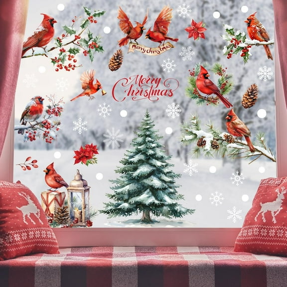 Christmas Winter Birds Window Clings 9 Sheets, Xmas Red Cardinal Pine Tree Static Window Stickers Decals Decorations, New Year Christmas Holiday Party Home Glass Windows Door Decor