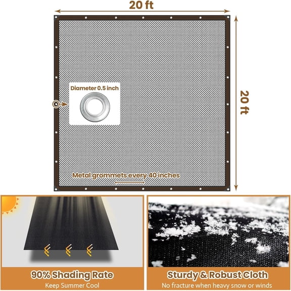 90% Black Shade Cloth - 20 x 20 FT Sunblock Garden Shade Cloth, Sun Shade Mesh Tarp with Reinforced Grommets for Greenhouse, Garden, , Backyard, Plants, Pergola, Chicken Coop