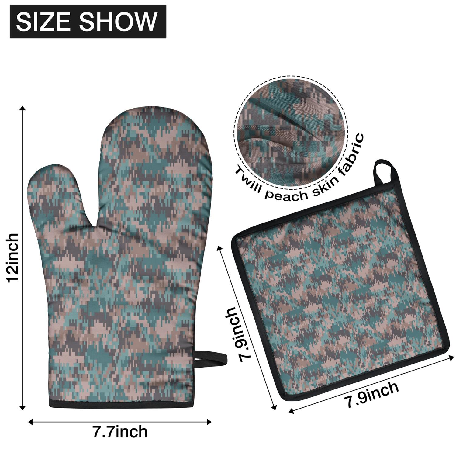 Camouflage Oven Mitts and Pot Holders Set Of 4, Heat Resistant Kitchen Gloves with Non-Slip Grip, Hanging Loop, Soft Cotton Lining for Baking, Cooking, Grilling, Barbecue