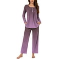 thumbnail image 3 of Scyoekwg Pajama Sets for Women Gradient Color Loungewear Matching Set Casual Button Round Neck Long Sleeve Tops and Pants Pajama Sets (Wine,S), 3 of 5