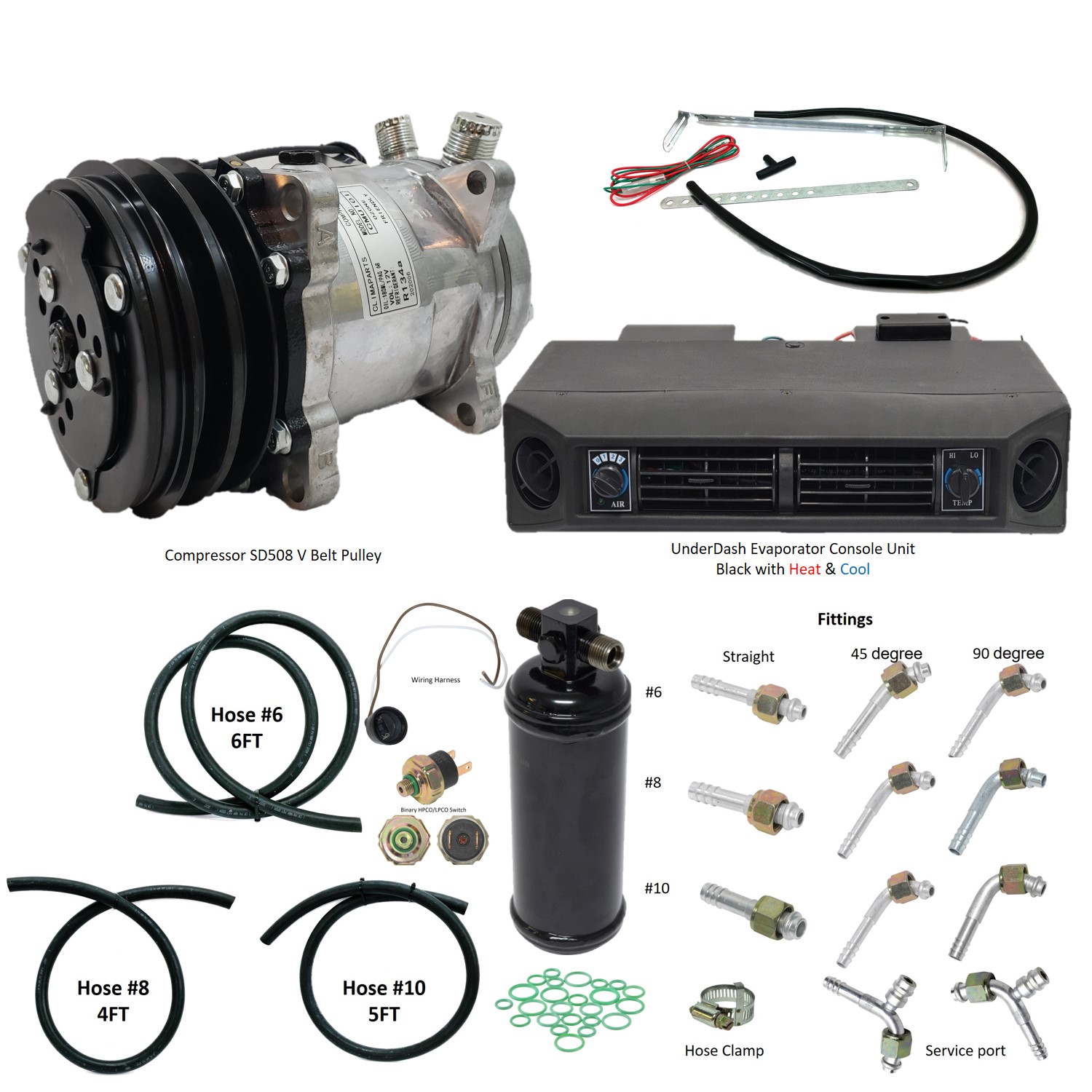 ACforCars Universal A/C Kit Compressor 508 PV Evaporator Underdash Heat