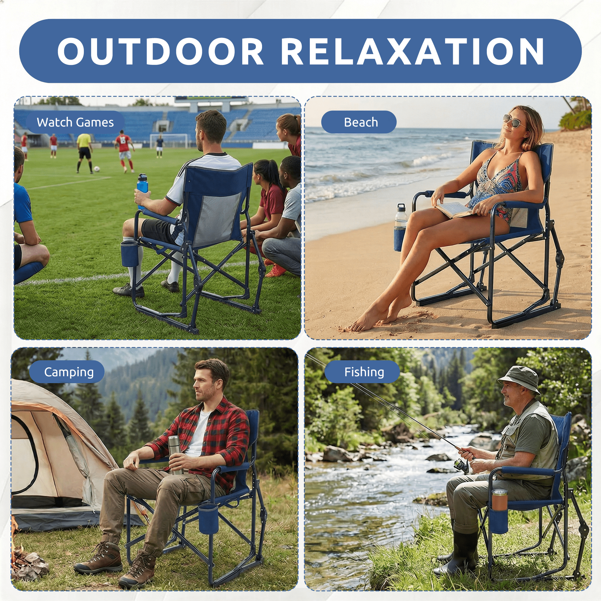 LIFERECORD Outdoor Rocker Camping Chair, Portable Folding Rocking Chair Waterproof Cup Holder, Mesh Back for Patio Beach Sports Events
