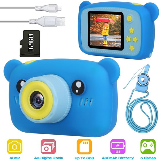 Moclever Kids Digital Camera, Kids Video Camera with 2.0in Screen 4X Digital Zoom 5 Games 32G MMC Card for 3-10 Years Boys Girls, Blue
