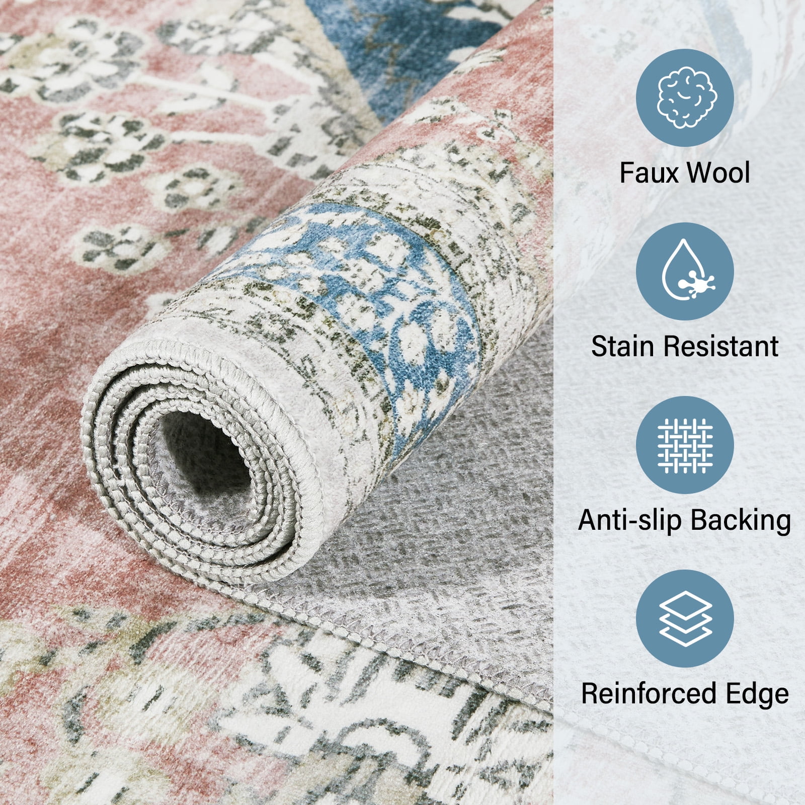 8'x10' Area Rugs for Living Room Washable, Persian  Pink Vintage Boho Non Slip Rug- Oriental Traditional Farmhouse Carpet for Bedrooms Dining Room, Living Room, Home Office.