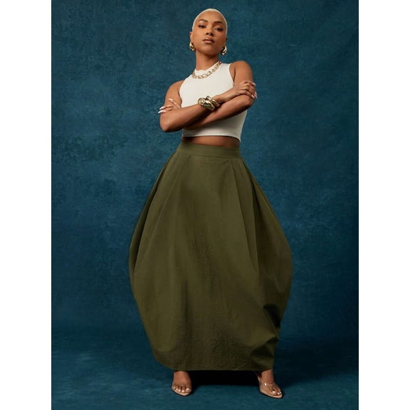 Olive Green Lightweight Woven High Waist Balloon Maxi Skirt, Statement Casual Bold Skirt