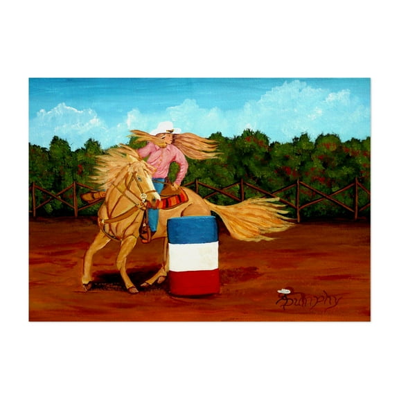 The Rodeo Barrel Racer - Painting Horse Cowboy Western Animal Rustic Pastoral Farmhouse Unframed Wall Art Print 4 x 6 inches