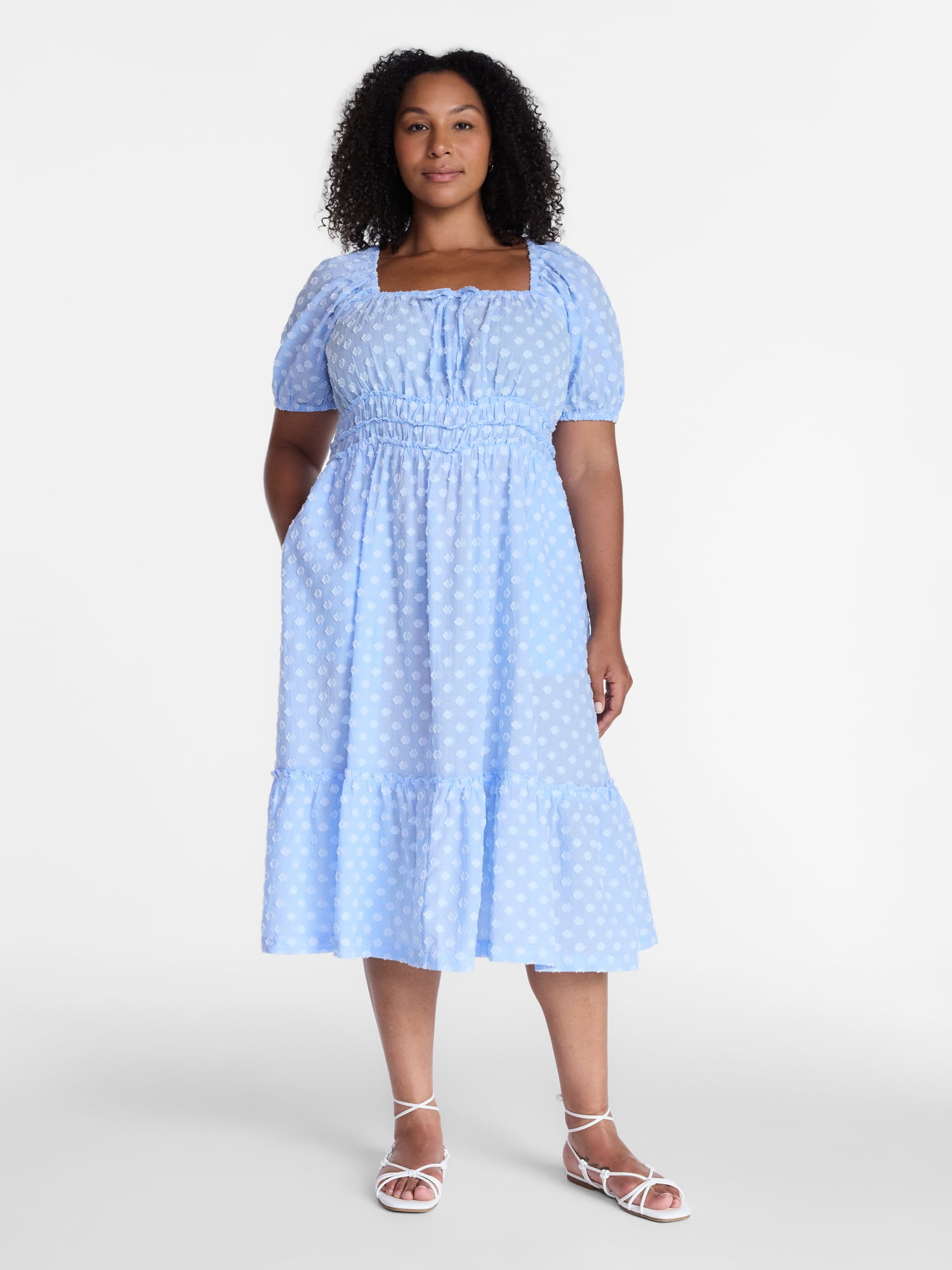 Time and Tru Women's Puff Sleeve Square Neck Midi Dress, Sizes XS-XXXL