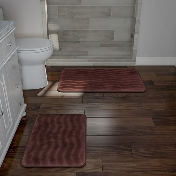 Lavish Home Set of 2 Bathroom Rugs – Non-Slip Memory Foam Bath Mats, Brown