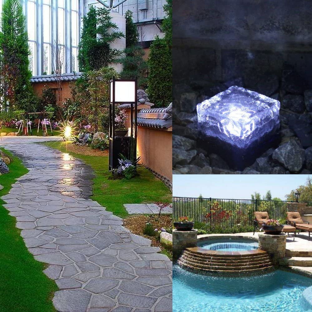 4 Pack LED Ice Cube Lights, Solar Brick Lights Outdoor, Solar Frosted Landscape Light for Patio Road Pool Decoration, Cold White