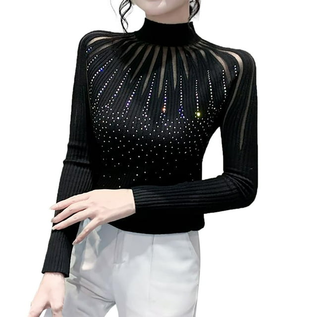 WTXUE Turtleneck Sweatshirt Ribbed Long Sleeve Tops New Designs Spring and Autumn Knitted Lace Sweaters Pullover High Neck Slim Sweaters Crochet Sweaters Mesh Sweaters Fall Sweatshirt Black L