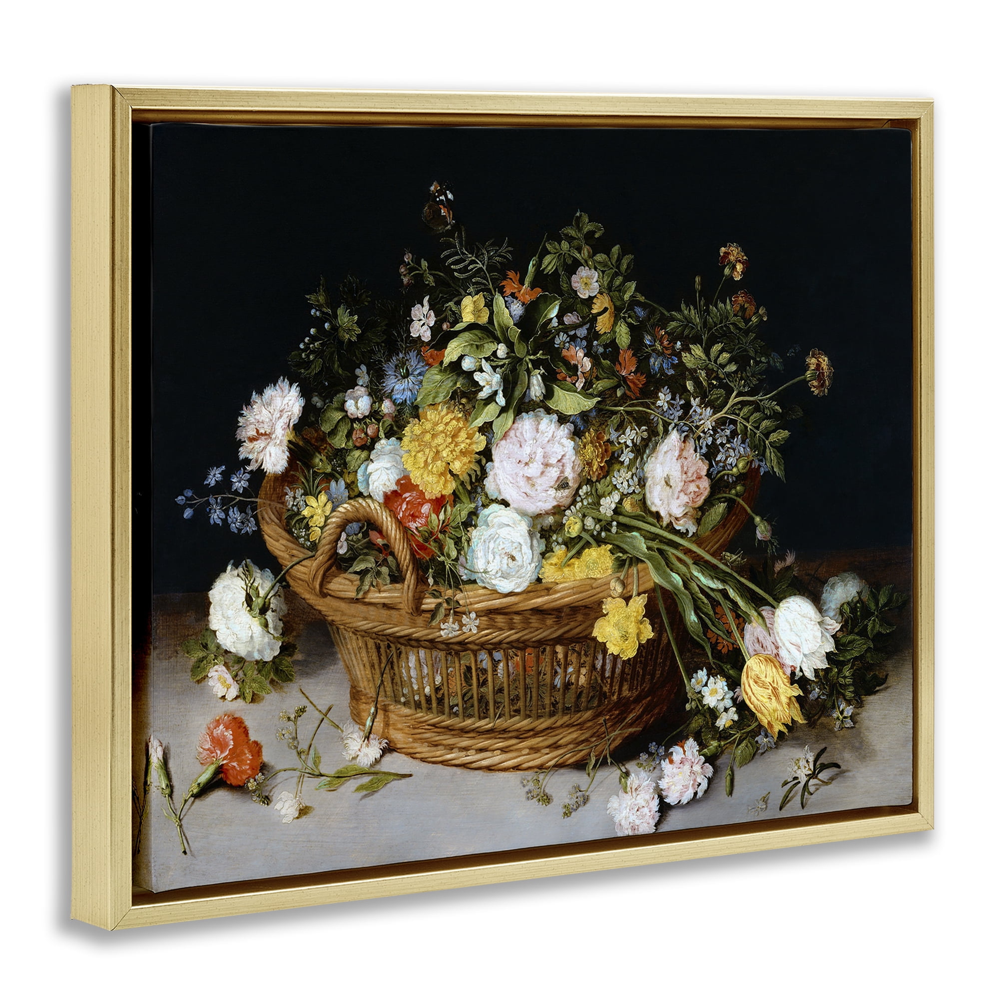 Stupell Industries Vintage Flower Basket Plants & Flowers Painting Gold Floater Framed Canvas Art Print Wall Art, 31 x 25