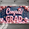 thumbnail image 3 of Pink Theme Graduation Banner Graduation Cap Design Congrats Display Pink Balloons Gold Stars Grad Backdrop for Graduation Party College Graduation Graduation Photo Shoot, 3 of 9