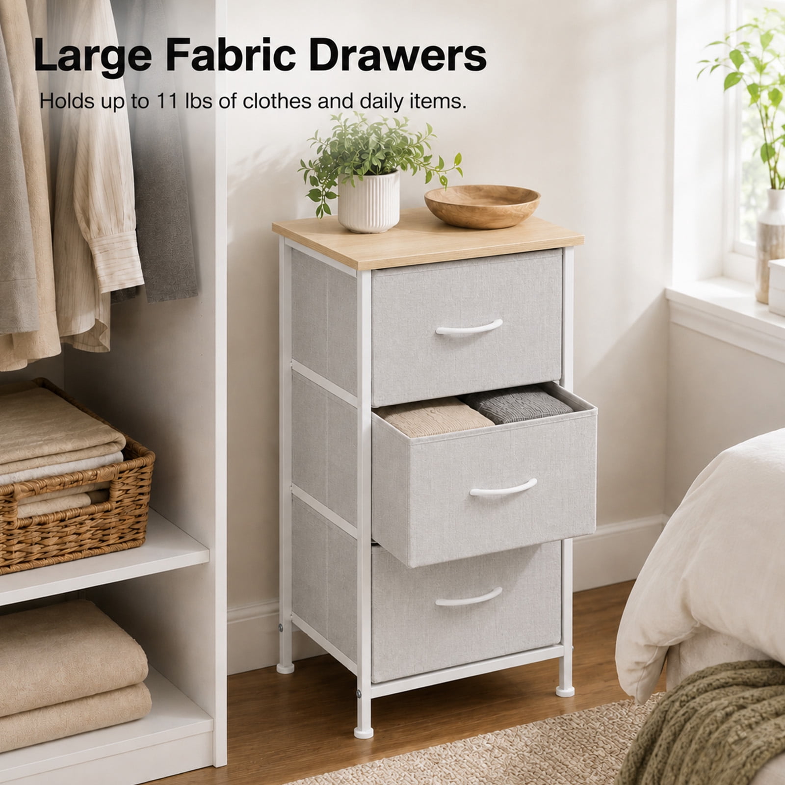 Alvantor 3-Tier Drawer Fabric Dresser, Roomy Fabric Drawers, Compact Nightstand, Bedroom or Closet Use, Chest Of Drawers, Dresser for Small Spaces