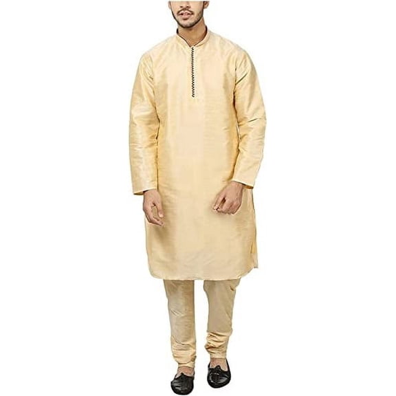 Royal Mens Silk Blend Neck Embroidery Kurta Pyjama Set Gold