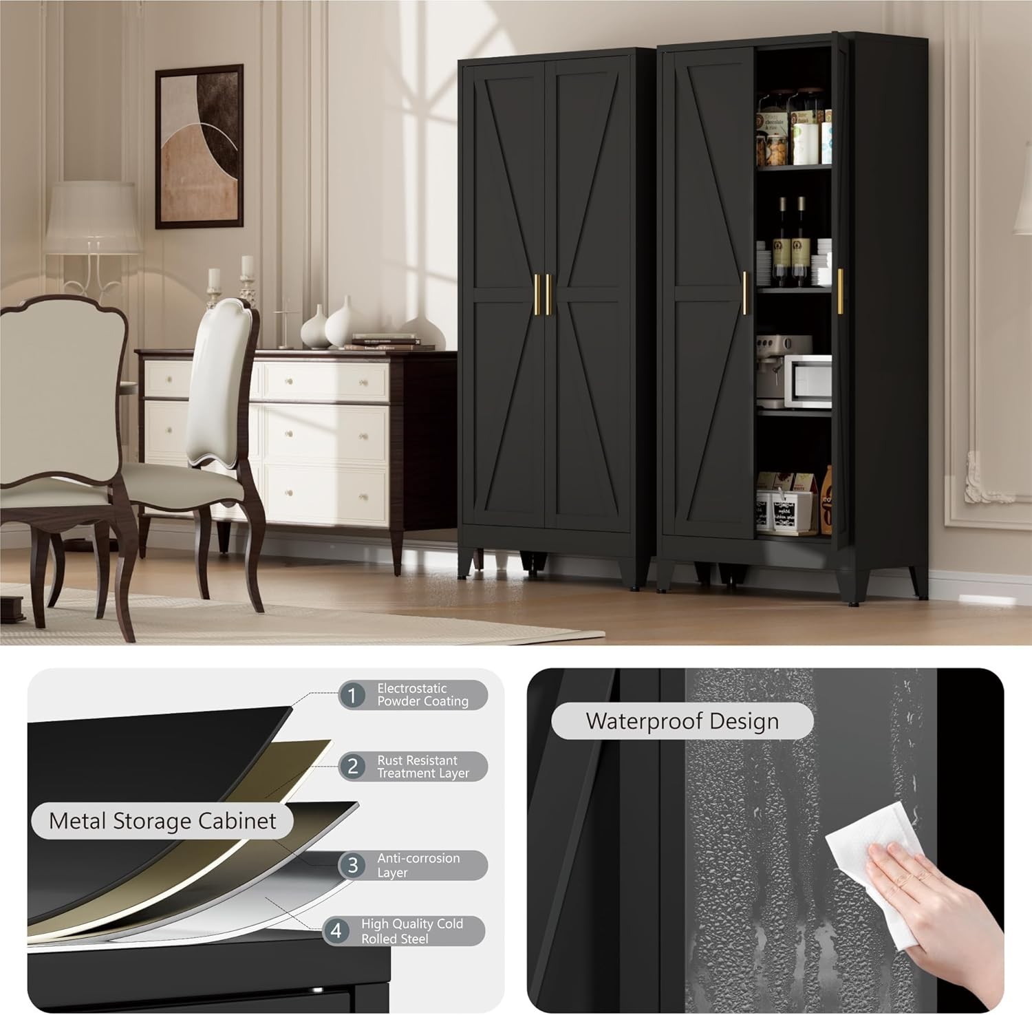 WDZS Large Metal Kitchen Pantry Cabinet with Adjustable Shelves - Freestanding Kitchen Storage Cabinet for Dining Room,Livingroom Bathroom, Hallway, Workshop, Office,Black
