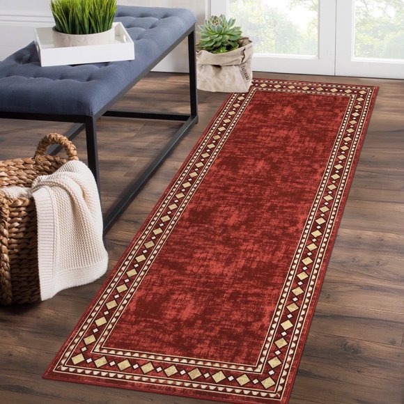 YUSAZENS 2x6 Bordered Runner Rug Non-Slip Washable Low Pile Stain Resistant Carpet for Hallway Kitchen Bathroom Red