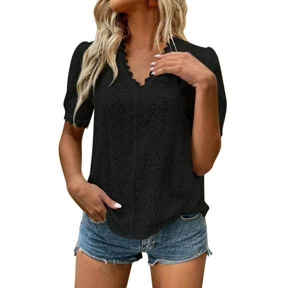 Womens Summer Outfits, Womens Tops, Trendy Women Blouses Embroidered V Neck Short Sleeve Shirts Casual Elegant Tunic Tops for Everyday Wear