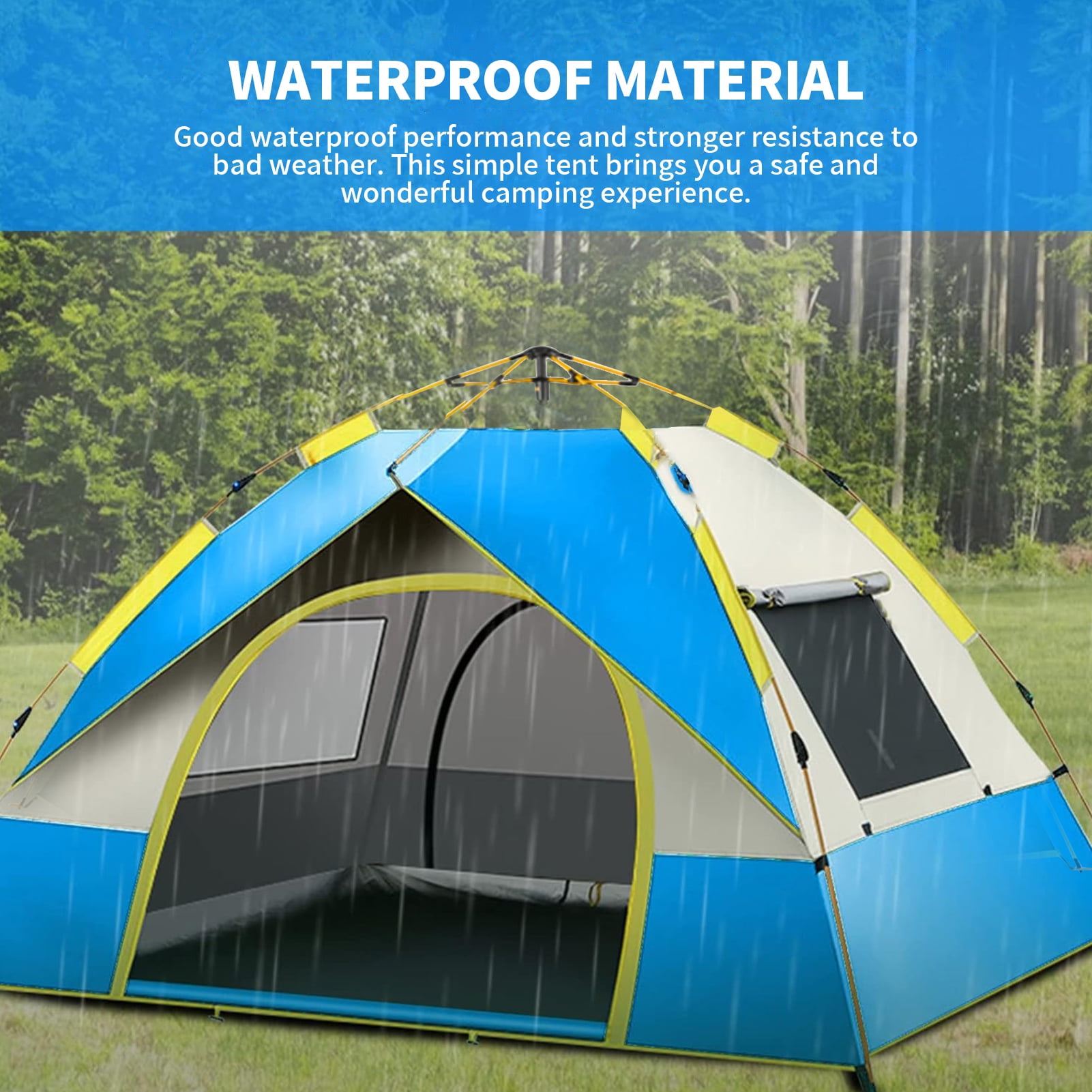 Pop up Canopy Instant Camping Tent, 2-4 Person Family Tents for Camping with Door & 3 Windows, Anti-UV Waterproof Easy Setup Camping Tent for Beach Camping Hiking Outdoor Backpacking, Blue