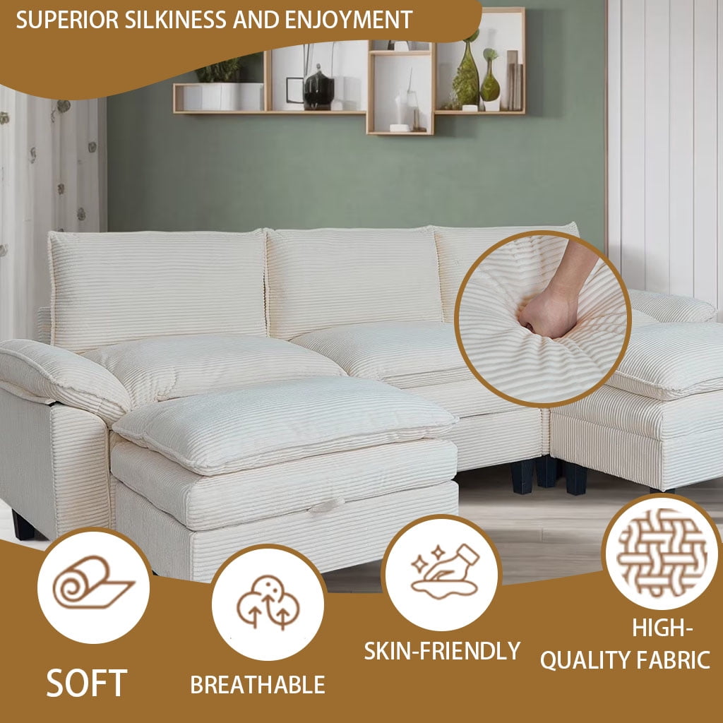 Gewnee Modular Sectional Sofa with Movable Storage Ottomans, U Shaped Cloud Couch for Living Room, 3-Seat