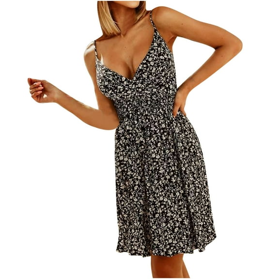 IROINNID Women's Sleeveless Sundress V-Neck Summer Sling Shoulder s Elastic Waist Dress Regular Print Dress