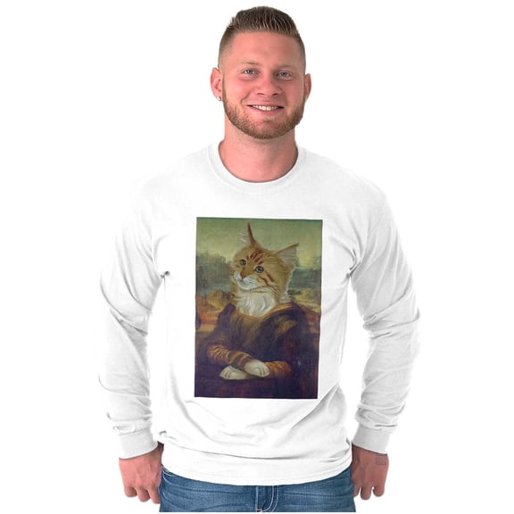 Funny Cat Meowna Lisa Modern Art Long Sleeve TShirt Men Women Brisco Brands S