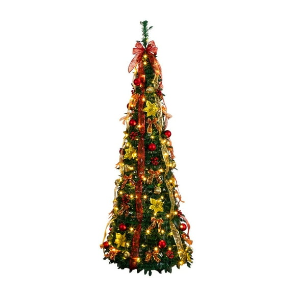Nearly Natural 6ft. Pre-Lit Artificial Pop up Christmas Tree with Red & Gold Ornaments, Ribbons