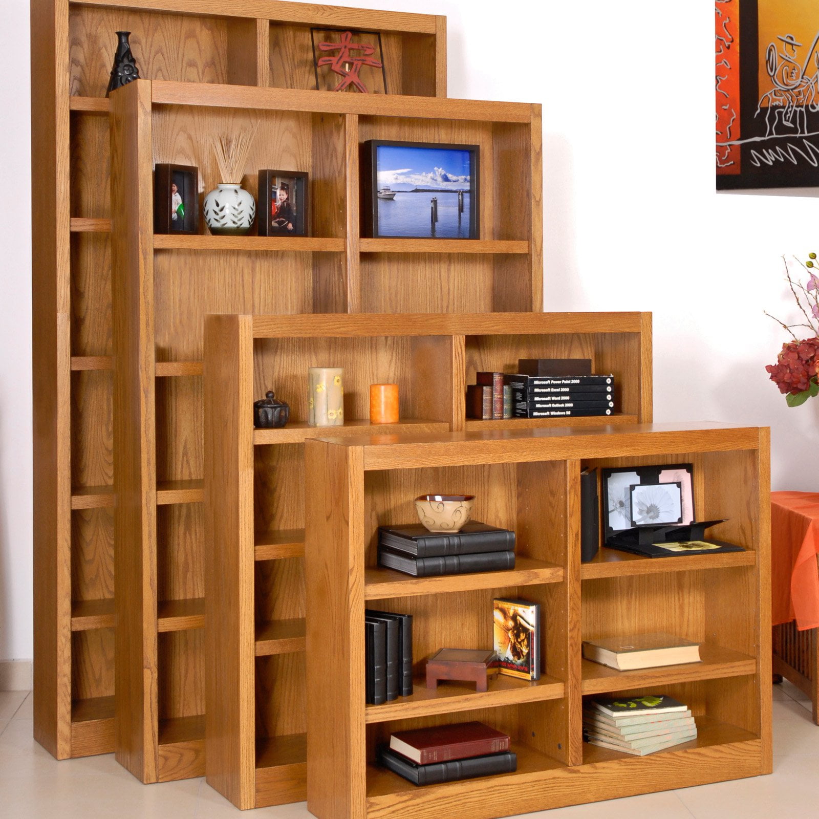 Wood Double Wide Veneer Bookcase, Double Wide Wood Bookcases