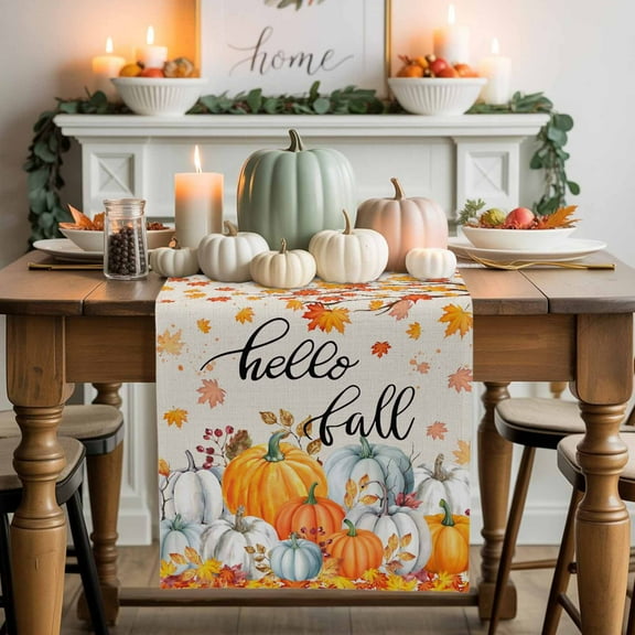 Table Runner Dresser Scarves 70 Inch Long,Hello Fall Thanksgiving Maple Leaves Linen Dining Table Runners Pumpkin Farm Burlap Tabletop Scarf for Wedding Holiday Party Kitchen