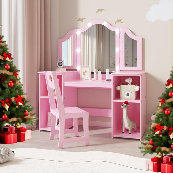 TROPOW Vanity Desk,Makeup Vanity,with Mirror and Lights,2-in-1 Kids Vanity Set with Mirror Wooden Toddler Vanity Set,Top Princess Pretend Play Beauty Makeup Vanity Table and Chair Set for Girls